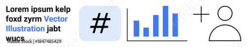 metadata tag in blue square, bar graph, plus sign, and user icon. Ideal for data analysis, social media, growth tracking, collaboration, networking modern concepts simple landing page