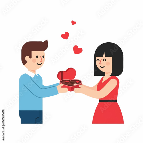 Man and woman exchanging heart gifts.