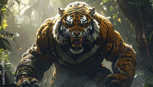 A powerful, muscular, anthropomorphic tiger-like creature with glowing eyes and bared fangs, roaring in a dense jungle.