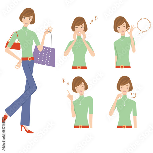 半袖とズボンの洋服を着て買い物をする女性と上半身で色々なポーズ