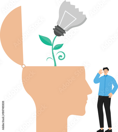 Not inspired or motivated after business failure, tired or exhausted by crisis, no new inspiration ideas or concepts, depressed man sitting with broken light bulb idea behind him
