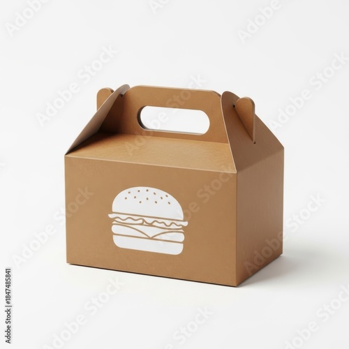 Brown paper lunch box with hamburger illustration, isolated on white background