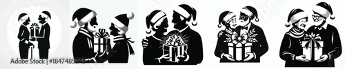 vector silhouette of old couple holding a gift together