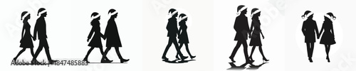 vector silhouette of a couple walking in a Christmas atmosphere