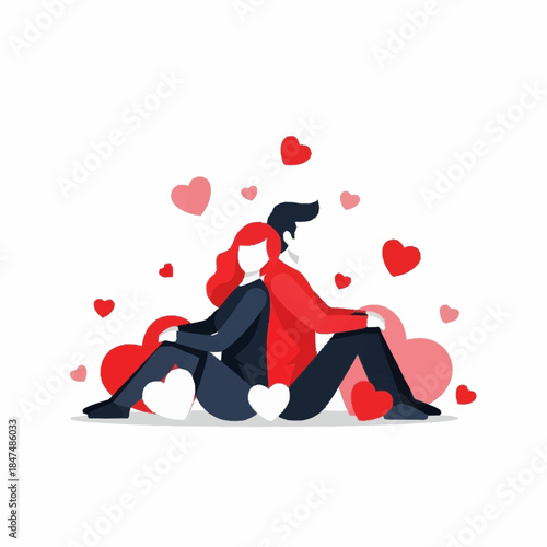 Couple sitting back to back hearts.