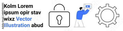 Padlock symbolizing security, gear representing settings, person demonstrating interaction with tech screen. Ideal for cybersecurity, software development, digital workspace, data protection, system