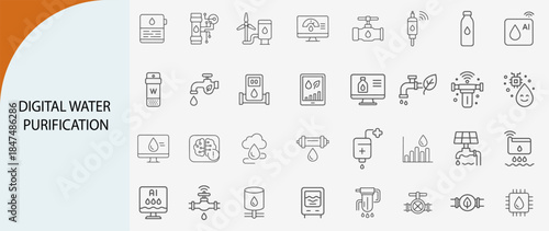 digital water purification line icons set, smart filtration system vector symbols