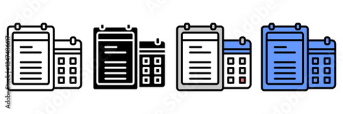 Planning Schedule Icon Set Multiple Style Collection. Calendar, Clock, Notebook, Checklist, Meeting, Reminder, Task List, Planner, Deadline, Appointment, Goal, Event, Priority, Progress, Strategy, Age