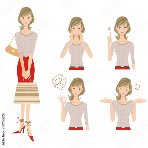 おしゃれ着で買い物をする女性と上半身で色々なポーズ