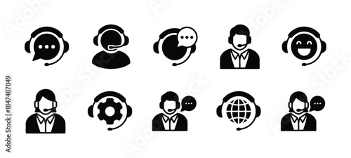 Customer Support Service Icons with Headset and Speech Bubble