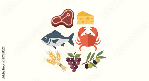 Assorted food items including seafood and dairy products arranged in a circular pattern on a white background