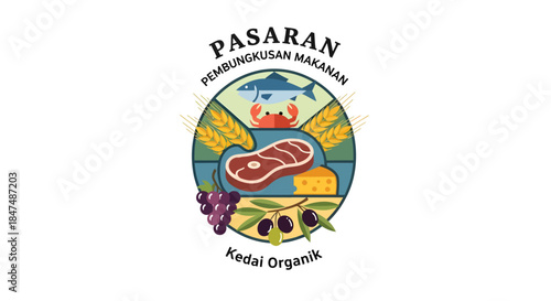 A circular logo featuring organic produce and a steak on a vibrant background