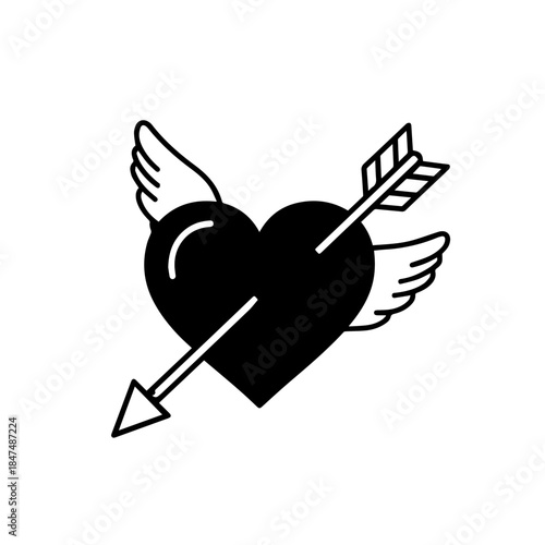 Black heart pierced by arrow with wings