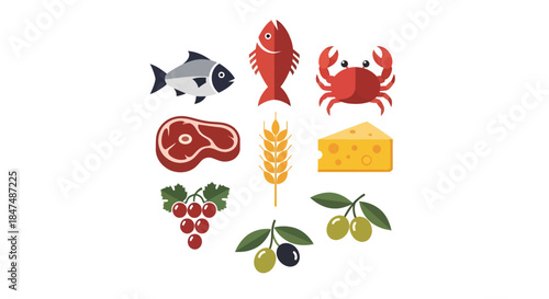 Assorted food icons including seafood meat dairy fruits and grains displayed in a grid pattern on a white background