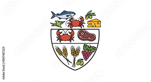 A crest featuring an assortment of food items including seafood, fruits, and grains in a symbolic shield design