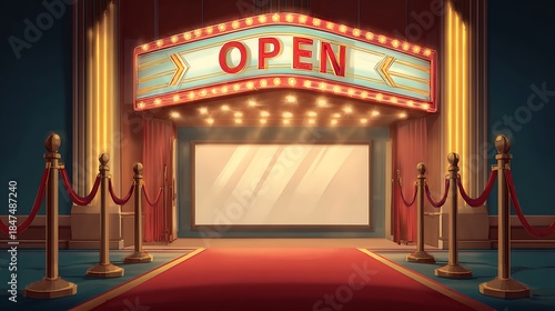 Illuminated cinema marquee displaying open with a red carpet entrance