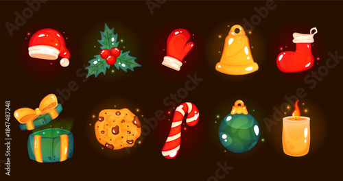 Christmas Game Icon Set. Сollection of Christmas game icons. Perfect for seasonal interface updates for mobile games, casual games, and RPGs