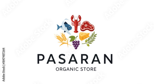 Fresh seafood and organic produce arranged around a central logo with natural elements