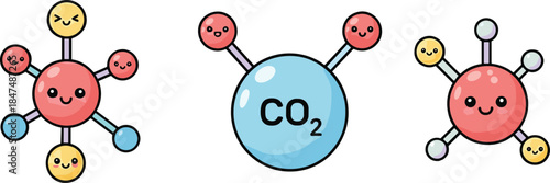 Cute cartoon style molecule characters with happy faces
