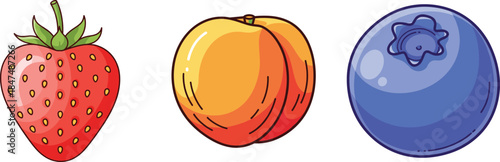 flat vector illustration of strawberry peach and blueberry fruits