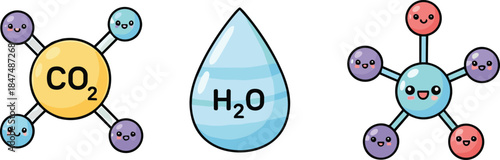 Cute kawaii molecular structures of CO2 H2O and methane