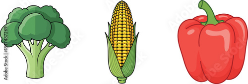 flat vector illustration of broccoli corn and red pepper