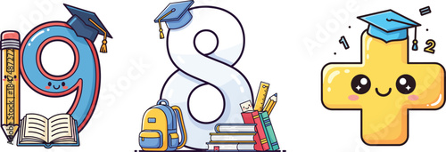 Cute cartoon style numbers with school supplies