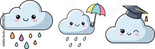 Cute clouds raining with umbrella and graduation cap flat vector illustration