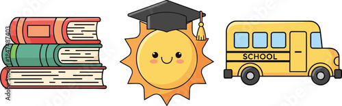 flat vector illustration of school books sun with graduation cap and bus