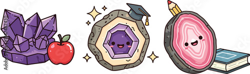 Cute cartoon style gemstones with school supplies