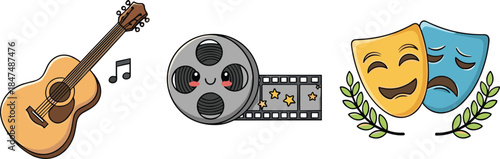 Cute flat vector illustration of music film and theater icons
