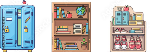 Flat vector illustration of school lockers and bookshelf with supplies