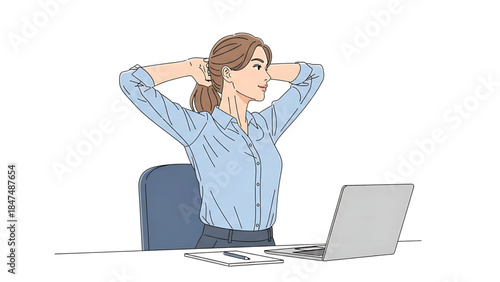A professional young businesswoman in a suit sits at her office desk with a laptop, experiencing a headache and stress while working on her computer