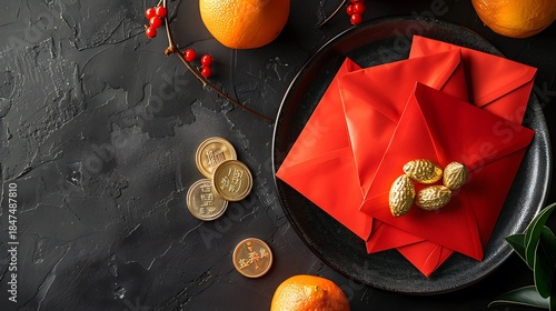 Traditional chinese new year flat lay with red envelopes gold concept