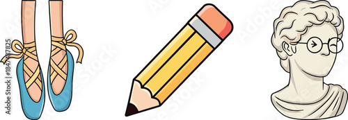 flat vector illustration of ballet shoes pencil and statue bust