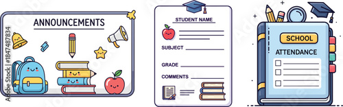 flat vector illustration of school announcements and attendance sheets