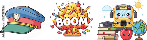 Flat vector illustration of cute school elements and boom text