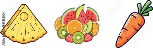 Flat vector illustration of assorted fruits and carrot