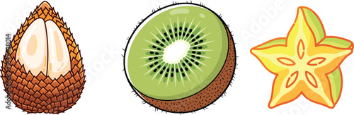 Flat vector illustration of tropical fruits sliced open