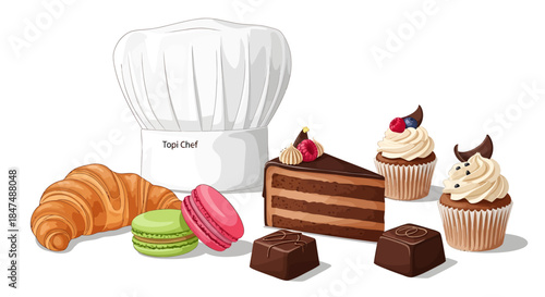 Assorted pastries and desserts including croissants, macarons, chocolate cake and cupcakes arranged on a clean white background