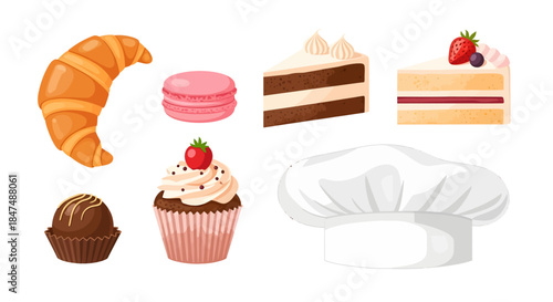 Assorted baked goods and a chef's hat displayed on a clean white background.