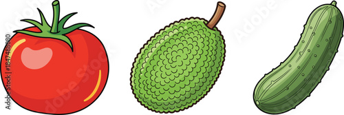 Flat vector illustration of tomato jackfruit and cucumber