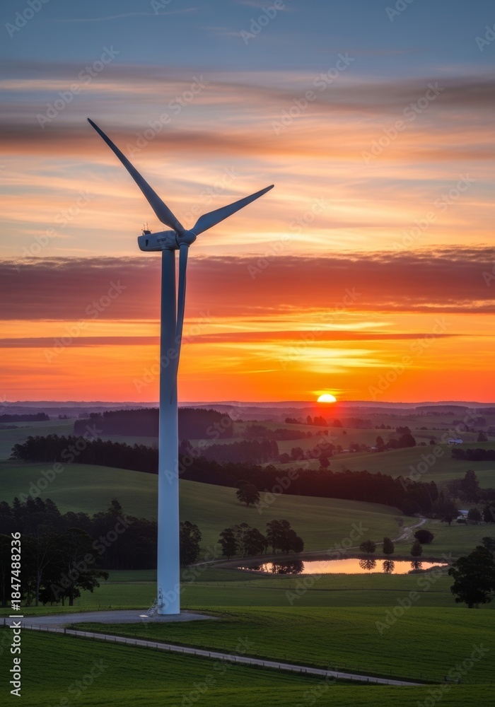 Obraz premium Modern wind turbine stands tall in a green rural landscape against a vibrant orange sunset on the horizon. Clean energy for sustainable future concept.
