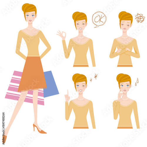 長袖を着て買い物をする女性と上半身で色々なポーズ