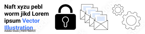Cybersecurity, data protection, secure communication, email encryption, privacy, automation processes. Black lock, envelopes and gear icons. Cybersecurity and data protection idea