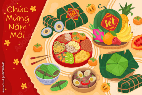 Greeting card for Vietnamese Lunar New Year (Tet). Table with traditional holiday dishes, fruits and sweets, inscription in Vietnamese Сhúc Mừng Năm Mới (Happy New Year), red background.