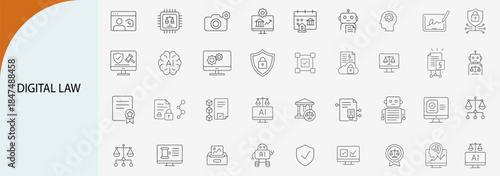 digital law line icons set, cyber justice and legal technology symbols