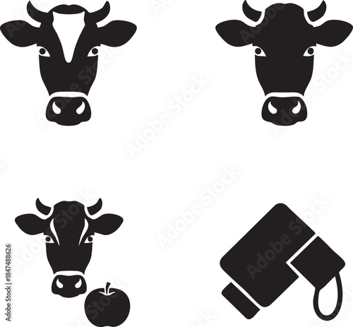 Stylized black and white cow head icons, showing various bovine profiles, one featuring an apple, accompanied by a modern shaker bottle silhouette, perfect for dairy, agriculture, health, and nutritio