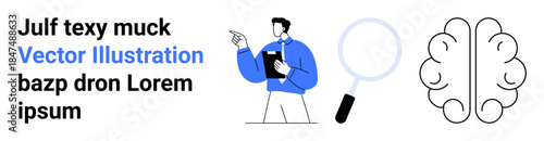 Brain health, cognitive study, research analysis, mental development, neuroscience, problem-solving. Figure pointing at text, magnifying glass and outlined brain. Brain health and cognitive study