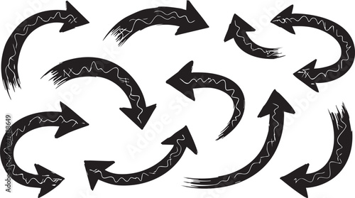 Dynamic collection of hand-drawn black arrows. Diverse brushstroke elements illustrating various directions, movement, and flow. Perfect graphic assets for artistic navigation and expressive visual co